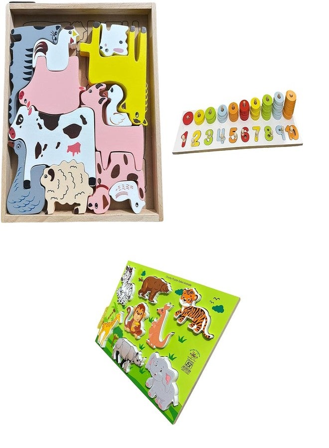 Kinder Creative 3D Domestic Animals Stacking Puzzle,Peg Number Ring Counting Set, Chunky Stacking Wild Animals Puzzle, Educational Puzzle and Toys for Kids Pack of 3 - Image 1